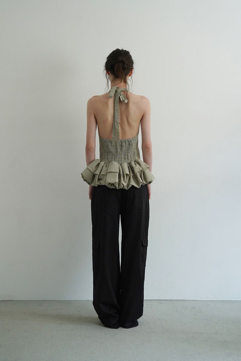 Gingham halter blouse_khaki