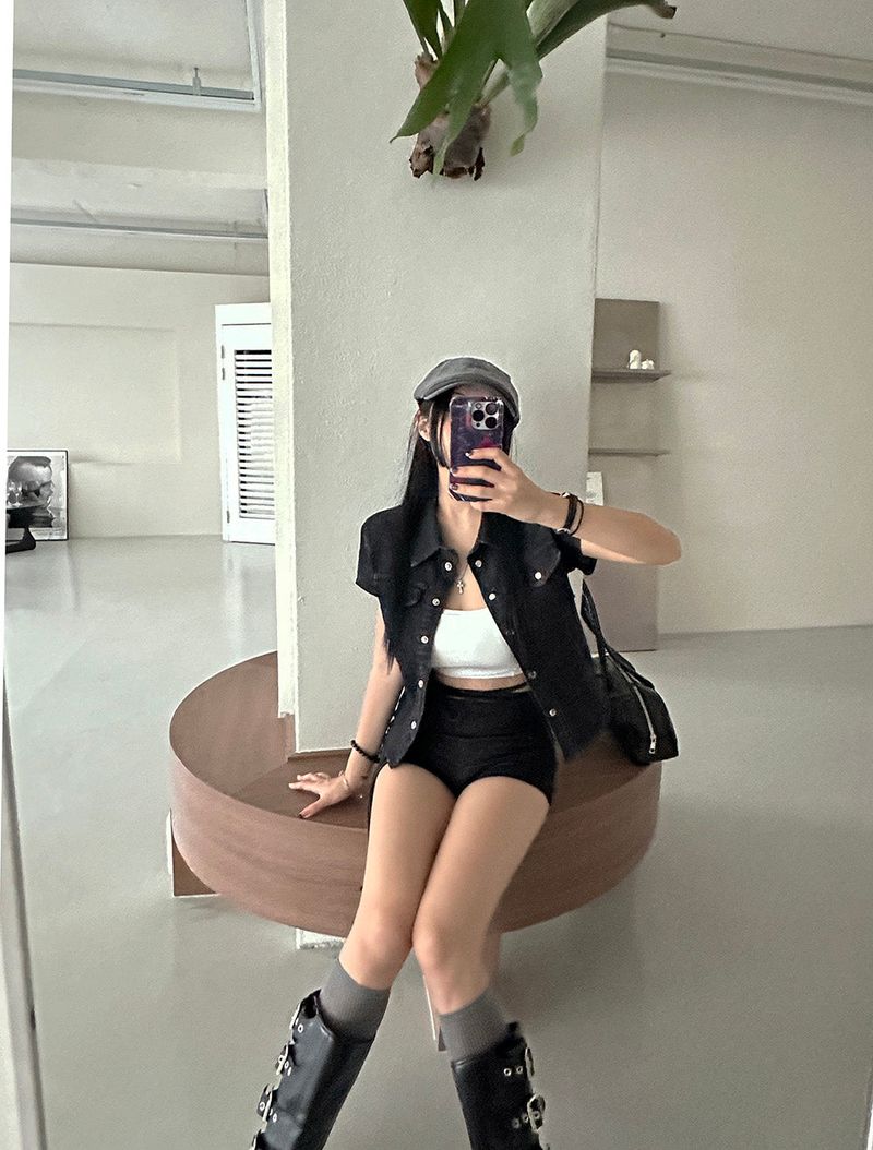 denim strap micro short pants
