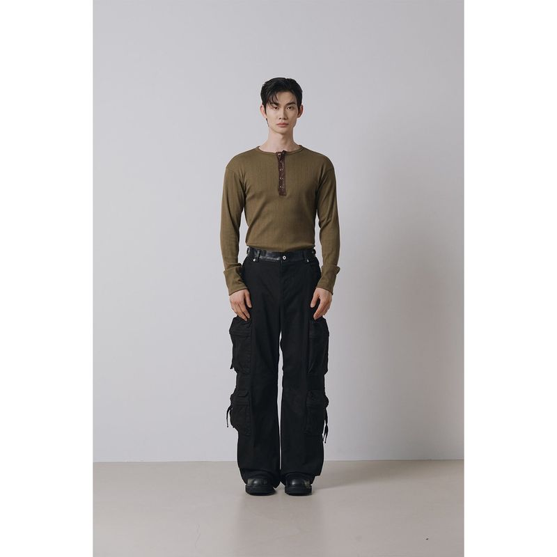 Leather ribbed henry neck long sleeves(Khaki)