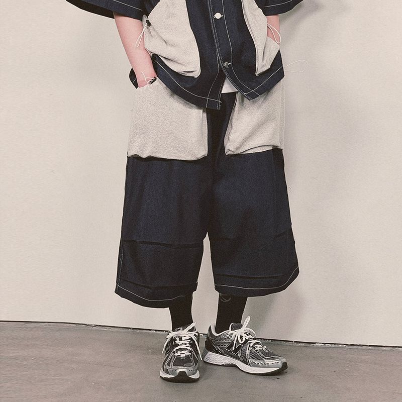 reverse terry pocket denim capri shorts_blue