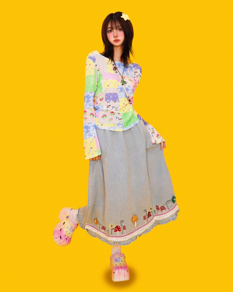 mushroom denim long skirt (2color)