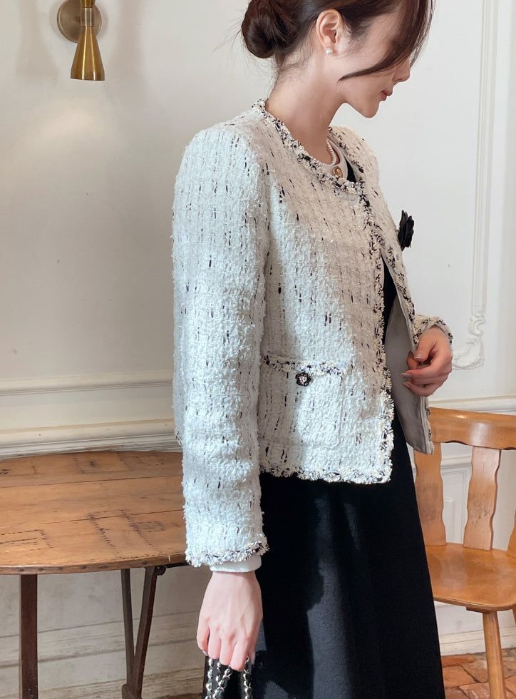 Tiang Round Color Matching Tweed Jacket (Brooch Set)