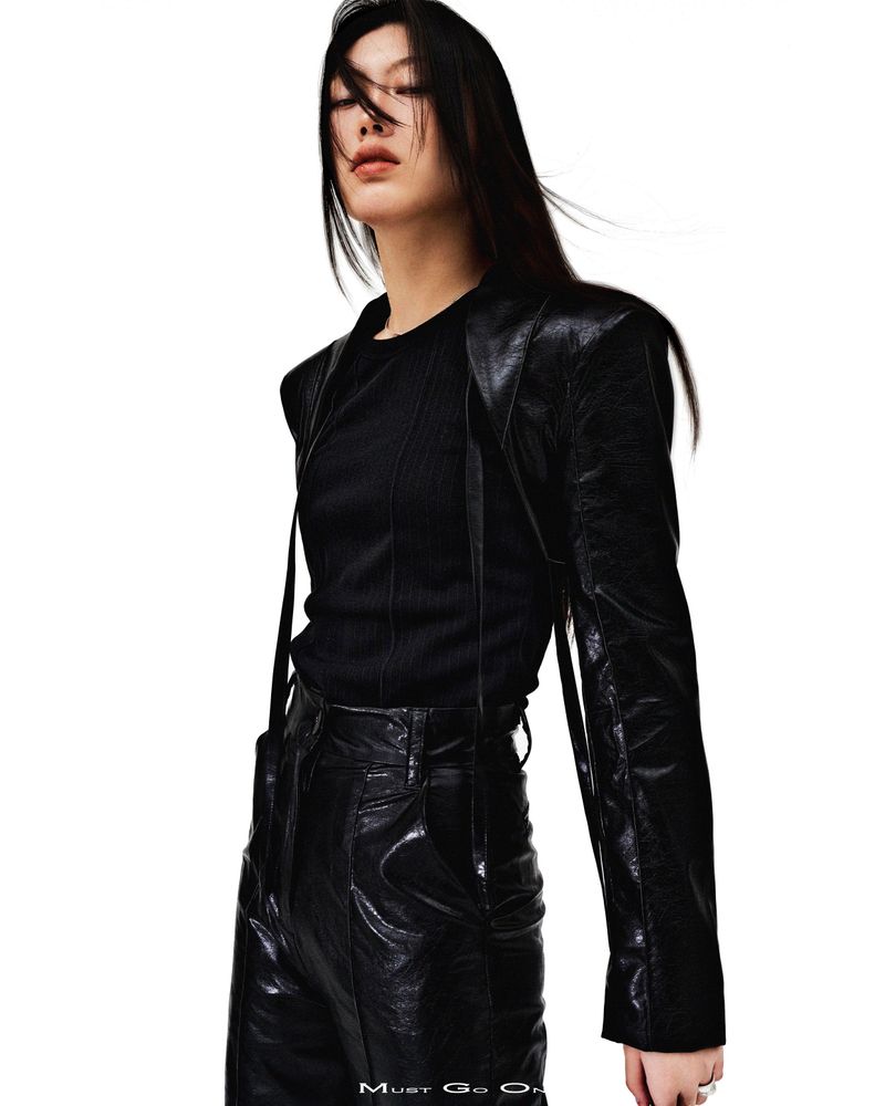 PIN-TUCK STRAP LEATHER BOLERO JACKET