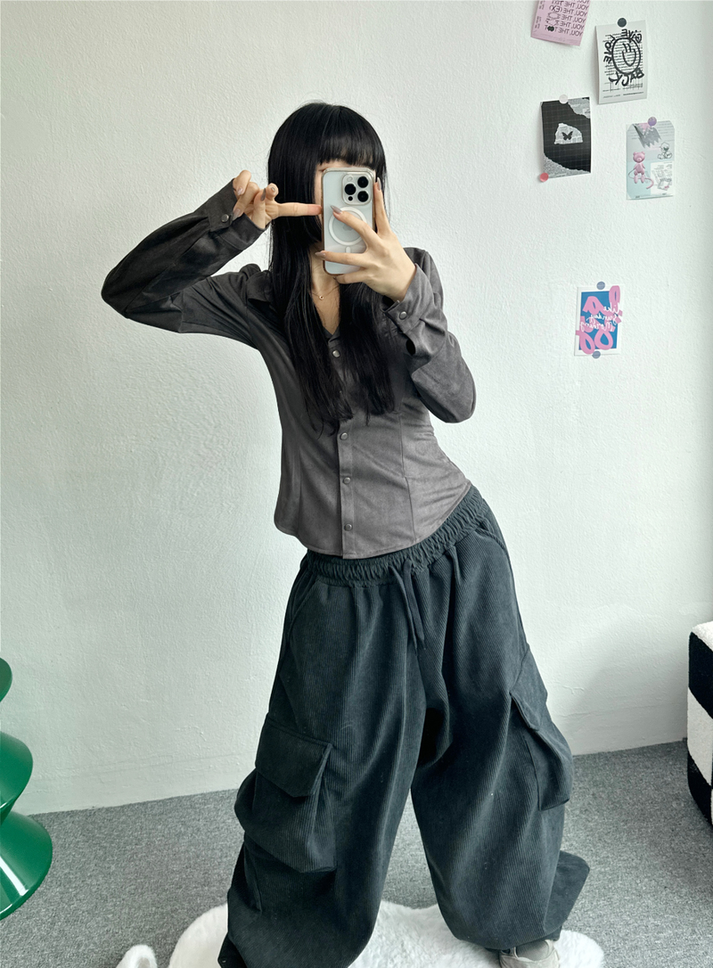 SUEDE SLIM LINE SHIRT BLOUSE🤎🖤🩶 - 3 COLORS