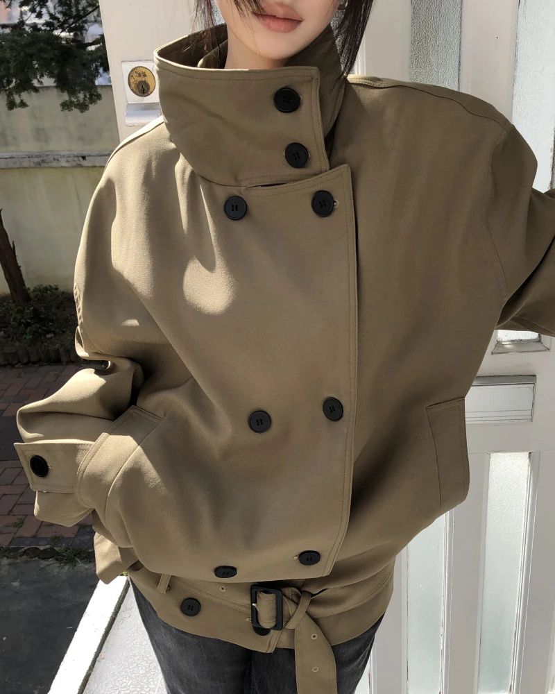 Keini High Neck Double-Breasted Short Trench Jacket