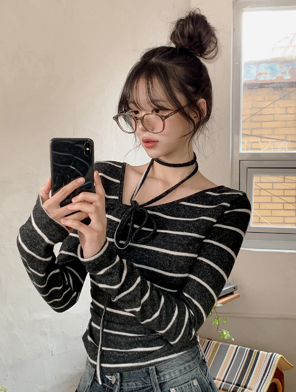 #Border Tie Point Slim Long Sleeve T-shirt (2color)