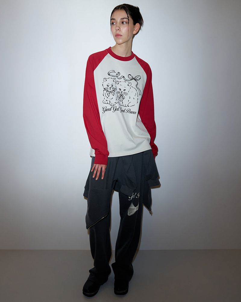 RIBBON CATS RAGLAN LONG SLEEVE-RED