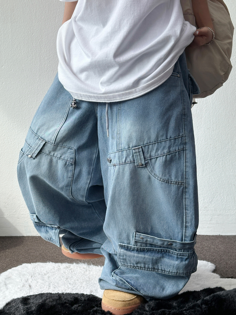 HIP RIVET KEYRING DOWN CARGO DENIM LONG PANTS🩵🩶 - 2 COLORS