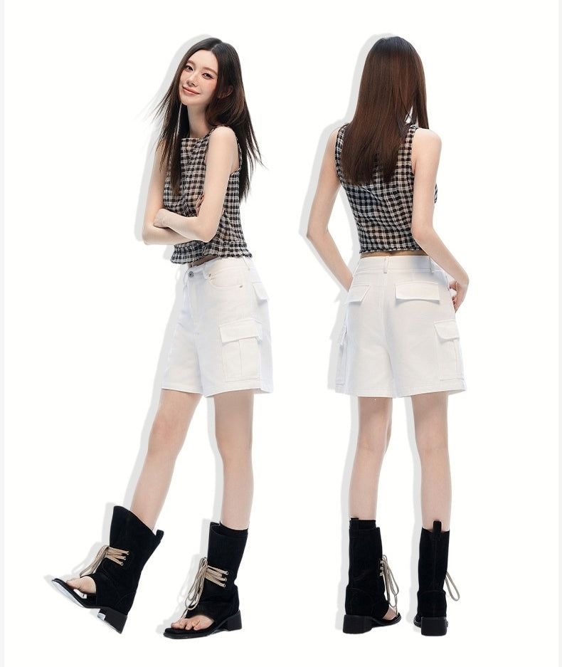 Mid Rise White Cargo Wide Leg Bermuda Shorts