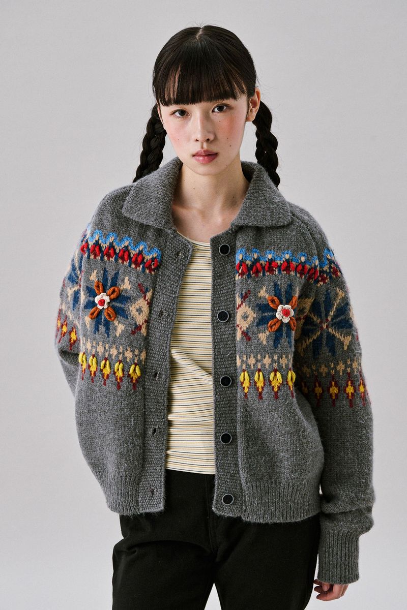 Grid Jacquard Cardigan [Gray]