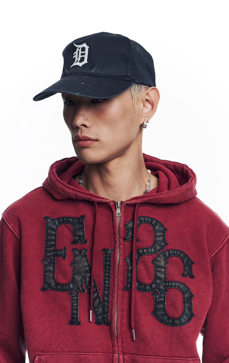 Washed Leather Patch Hooded Zip-Up - Wine