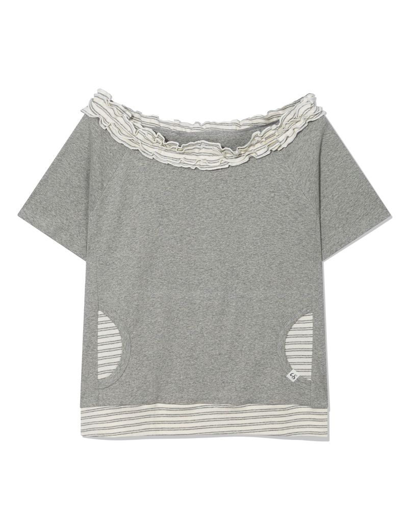 STRIPE FRILL OFF-SHOULDER(GREY)