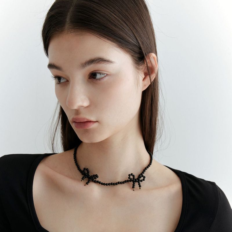 [925 SILVER] Onyx Ribbon Necklace