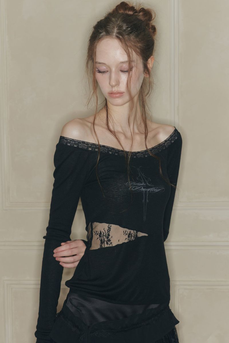 LACE BOATNECK TOP black