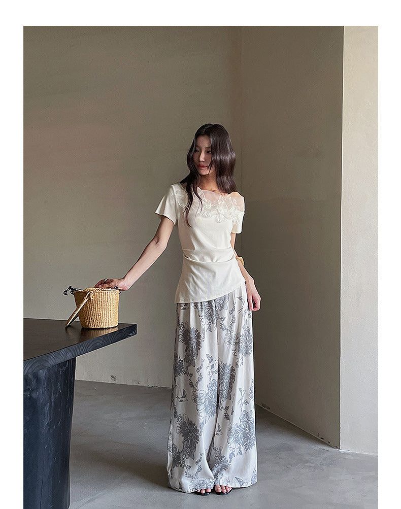 Asymmetrical Lace Trim Off-Shoulder Tee