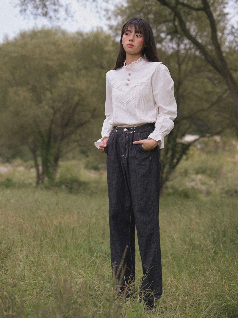High-Neck Lace-Frill Blouse (Ivory)