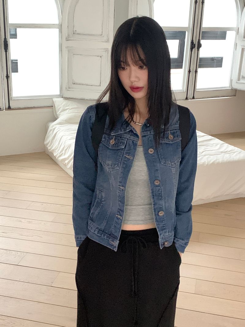Turned damage slim fit denim jacket