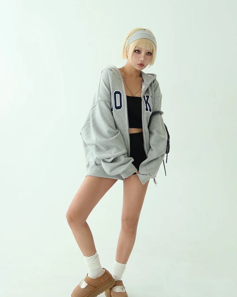 [UNISEX] Lettering Patch Two-Way Oversized Hoodie Zip-Up