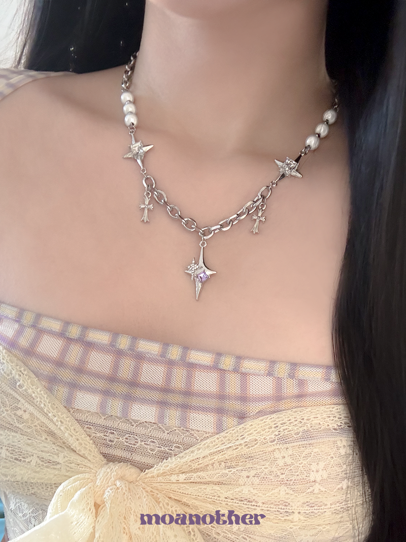 [Surgical Steel] パールクロスキュービックネックレス