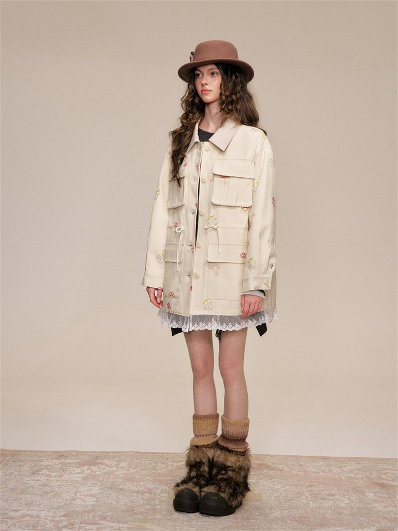 Floral Embroidery Cotton Cargo Jacket