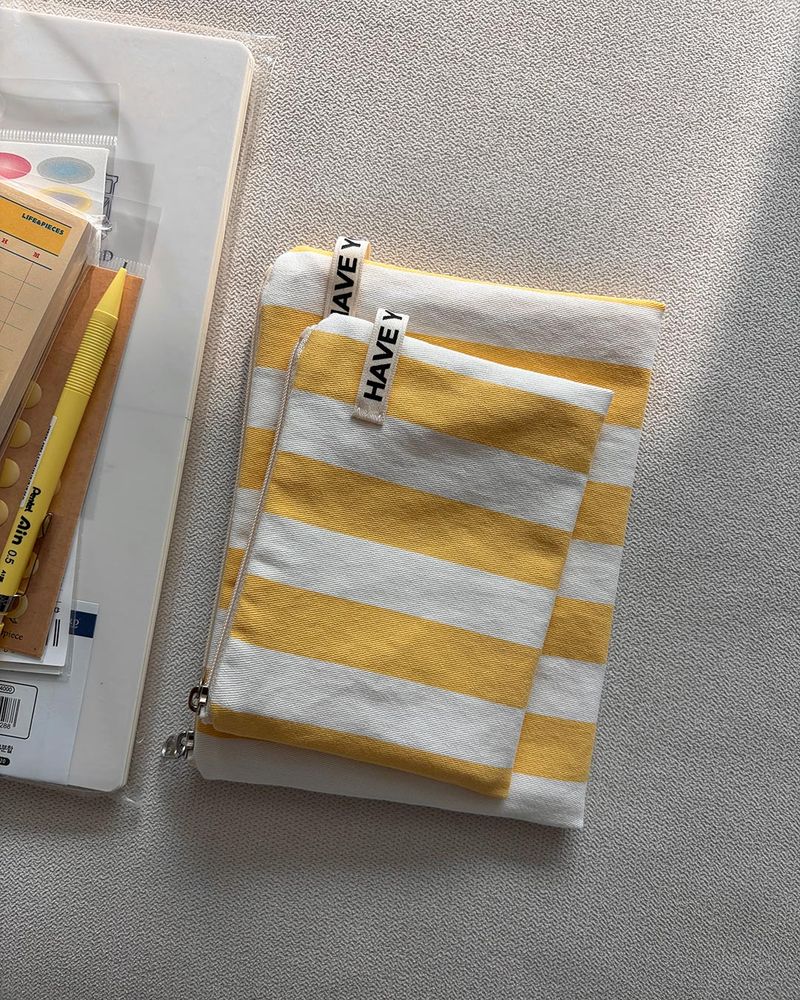 Wide stripe flat pouch - yellow , M size