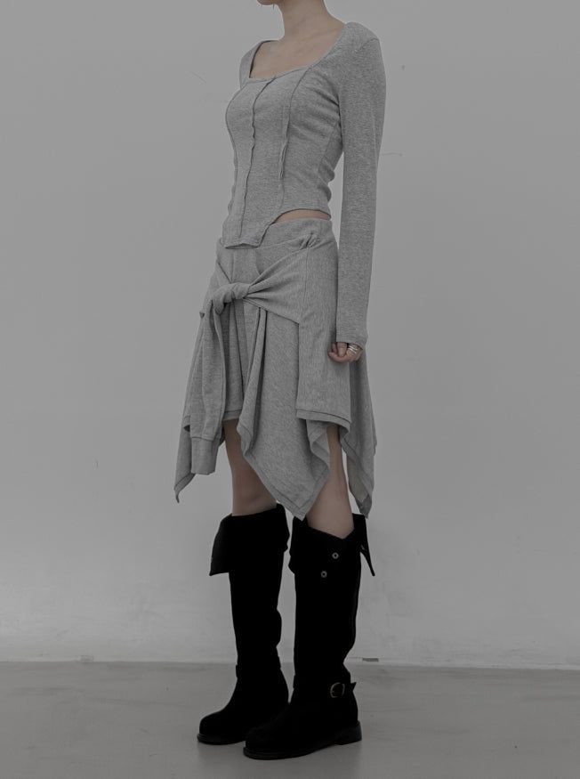 Knotted Unbalanced Sweat Midi Skirt