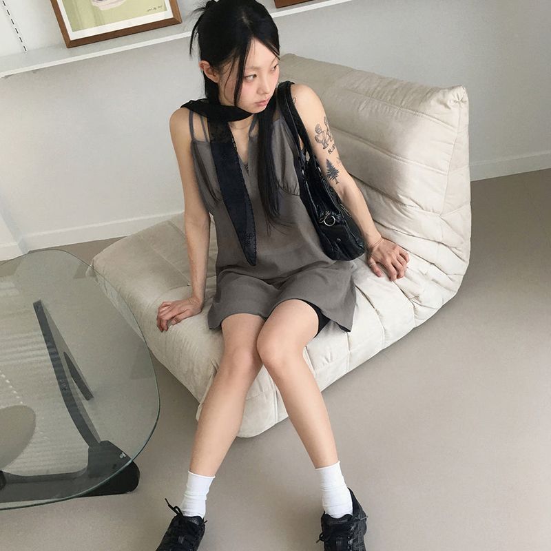Haple see-through slit ribbon strap layered tank top mini dress