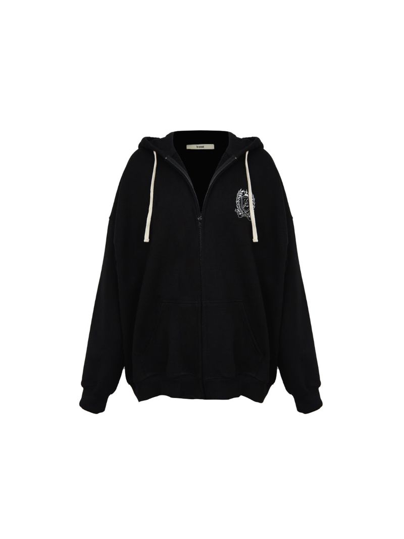 HEAVY WEIGHT OVERFITTED UNIVERSITY LOGO EMBROIDERY HOODIE ZIP UP_ BLACK