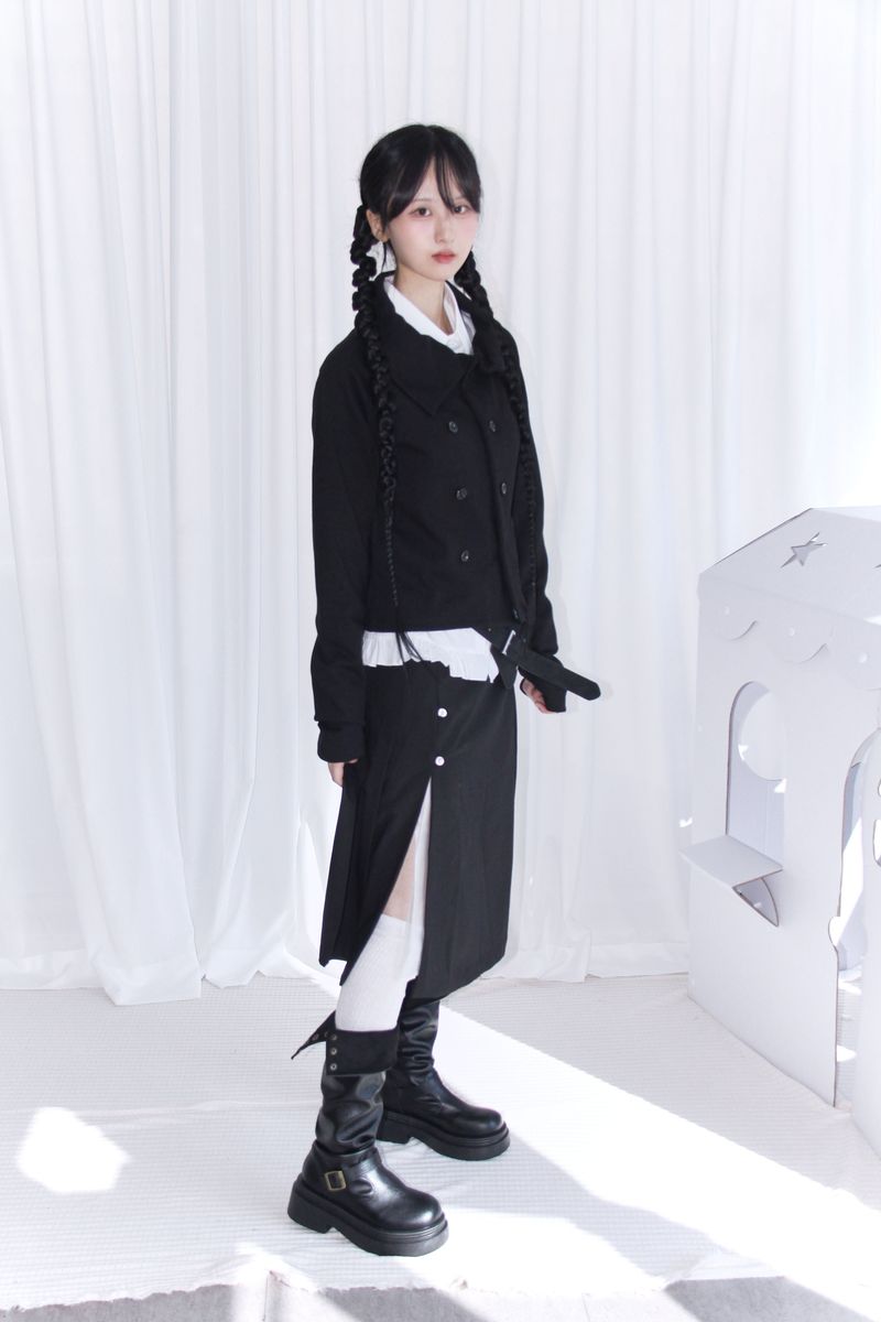 unbalanced diagonal collar double short jacket