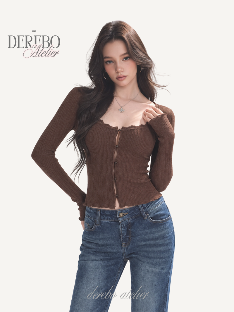 dereborujo（ドレボルゾー）の「Jacquard square-neck knit long-sleeve cardigan（Tops）」