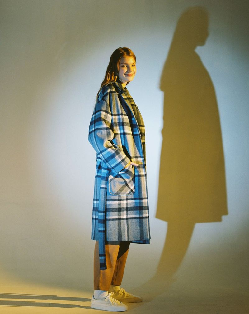 OVERSIZE WOOL CHECK ROBE COAT (Blue)