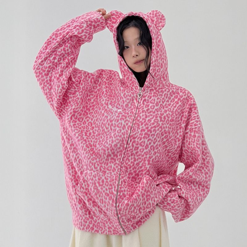 Teddy Leopard Zip-Up Hoodie – Pink