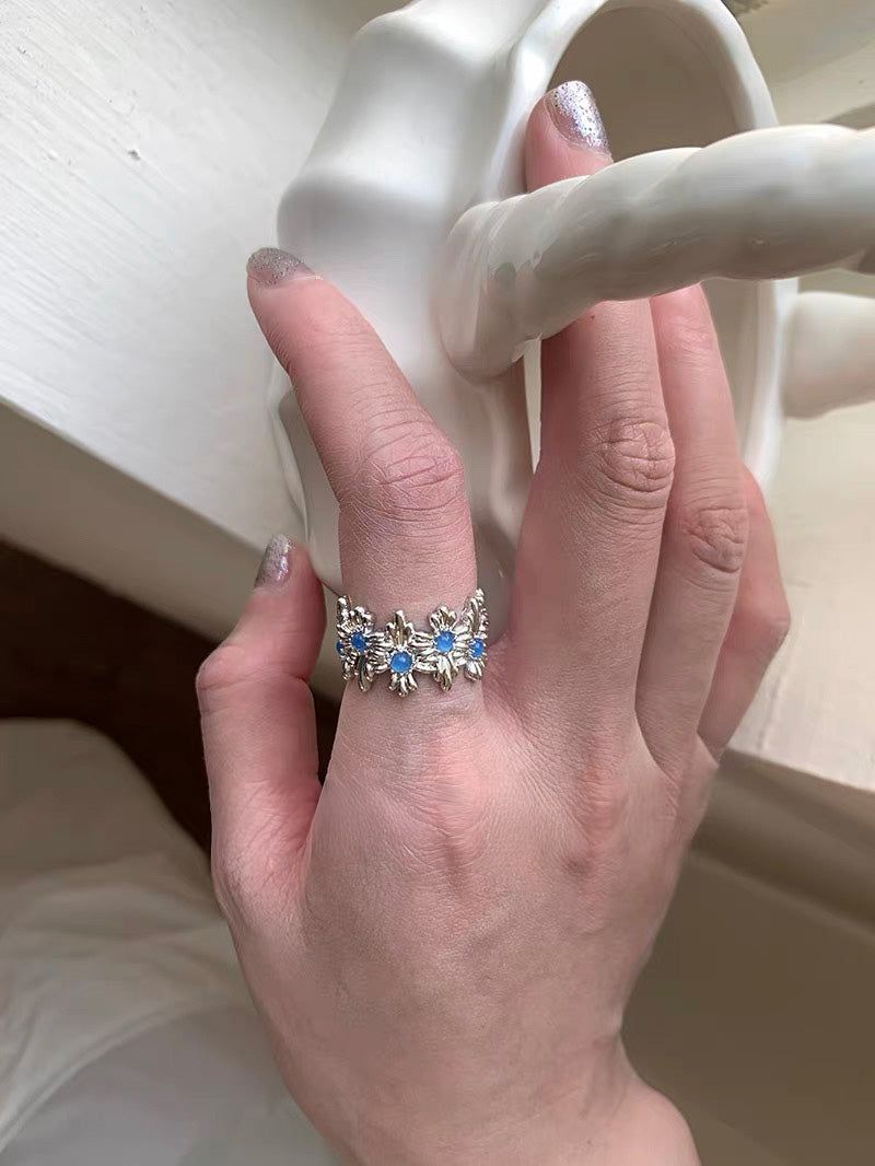 Blue flower silver open ring