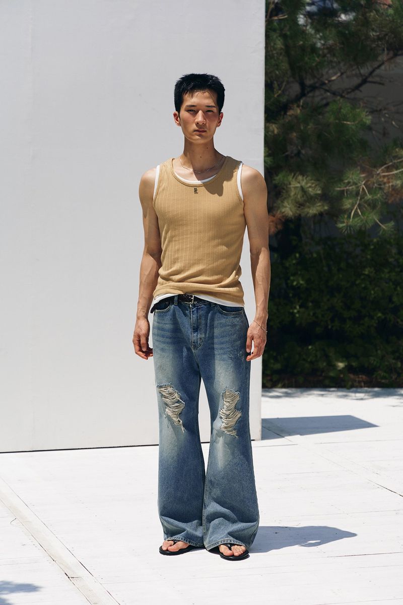 Tin washed damage flare denim pants(Blue)