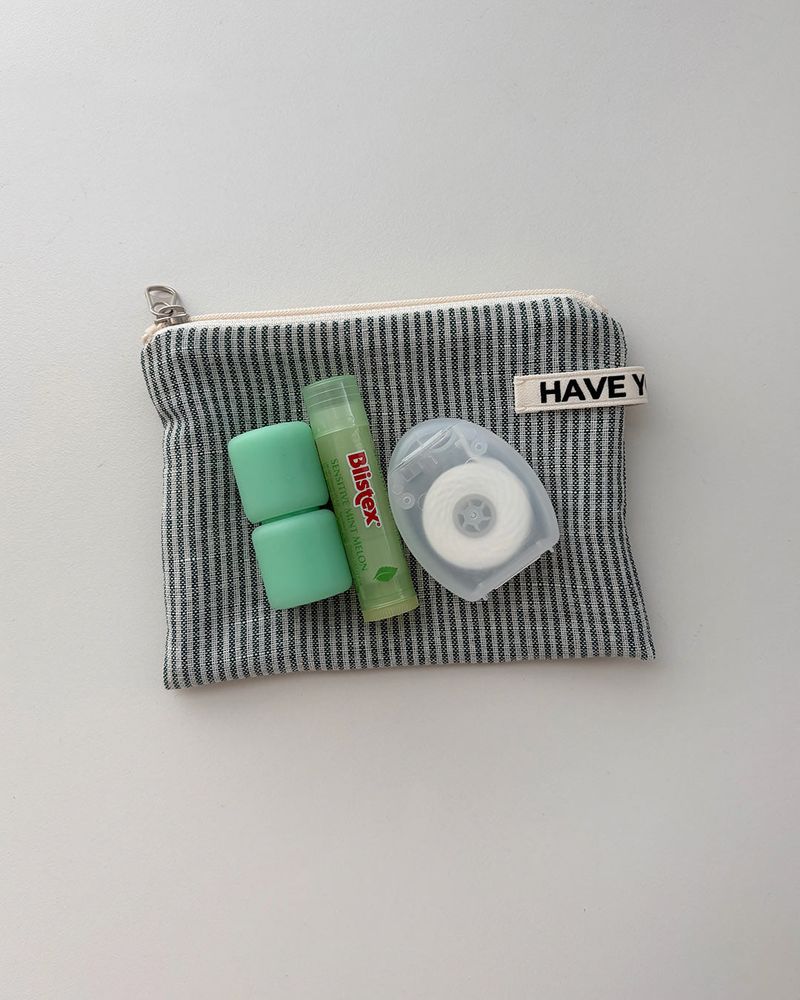 Linen stripe flat pouch - green , S size