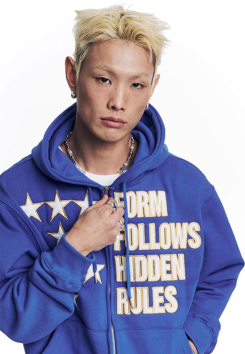 Star Lettering Patch Hoodie Zip-Up - Blue