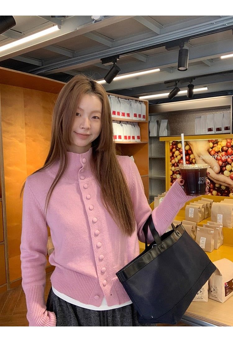 Pink button high-neck knit long-sleeved cardigan
