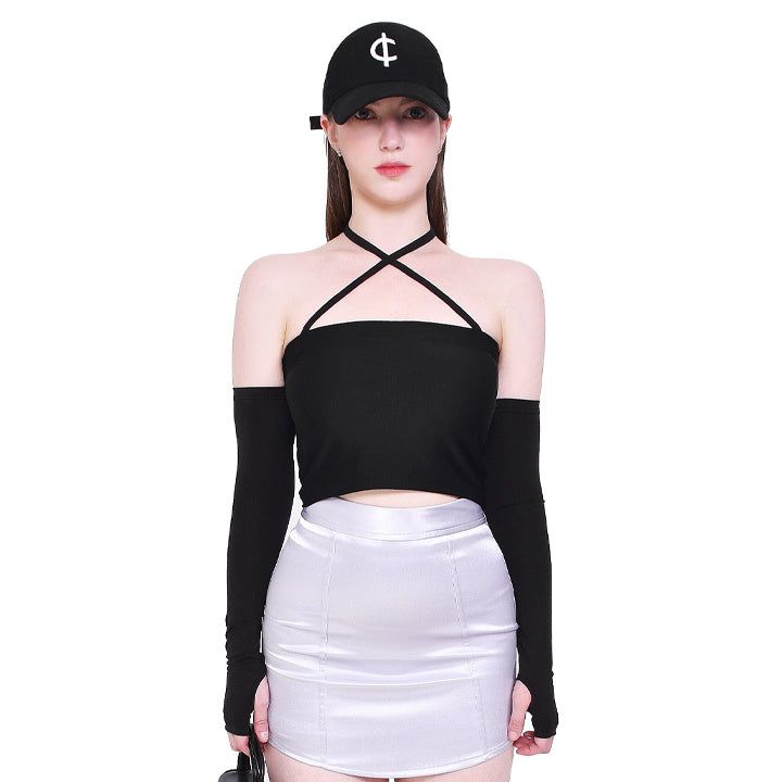 CREVY（クレビー）の「4-way multi tricot jersey span crop tube top (black)（Tops）」