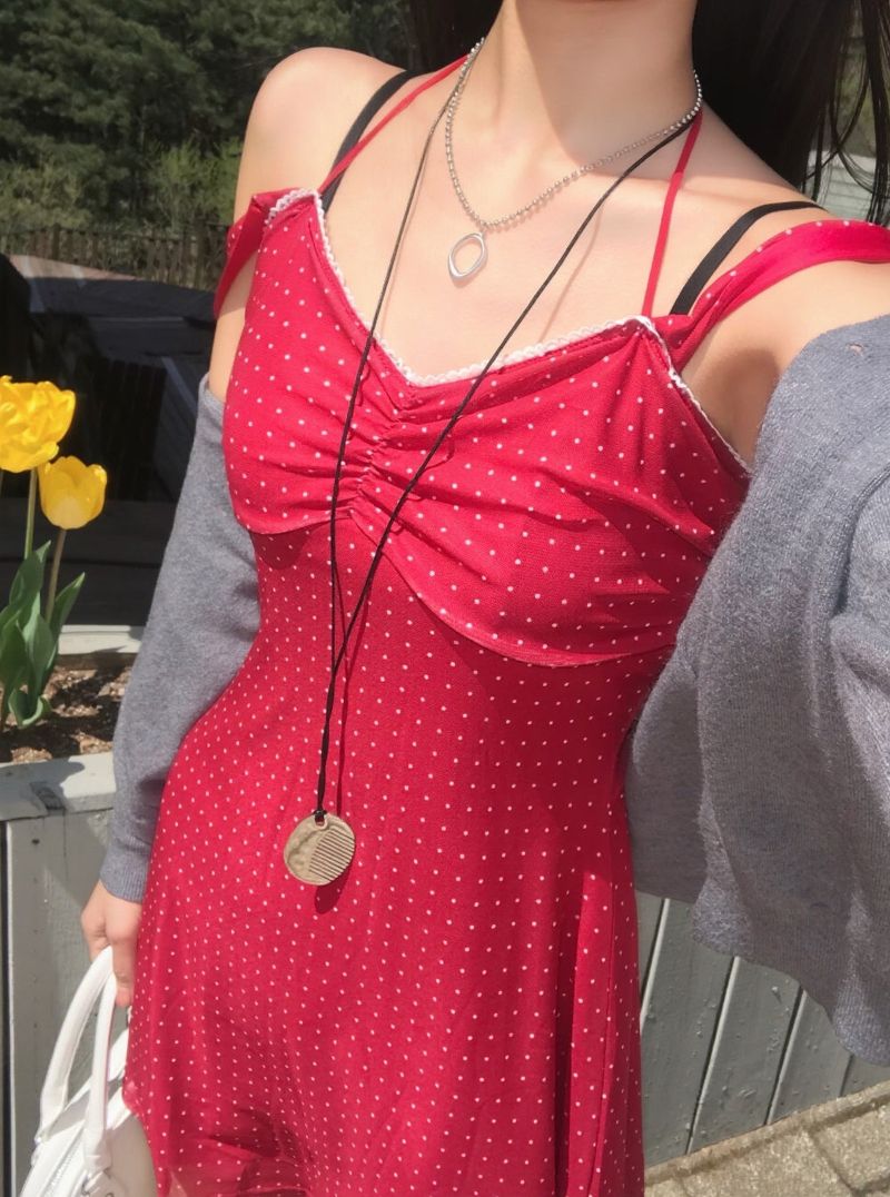 Cherry Kiss Dot Shirring Halter Mini Dress