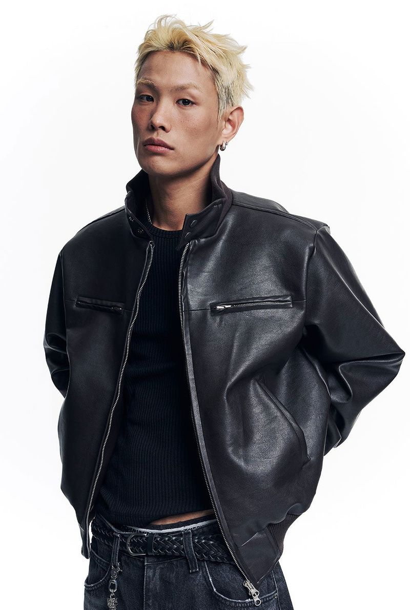 High Neck Leather Crop Jacket - Brown