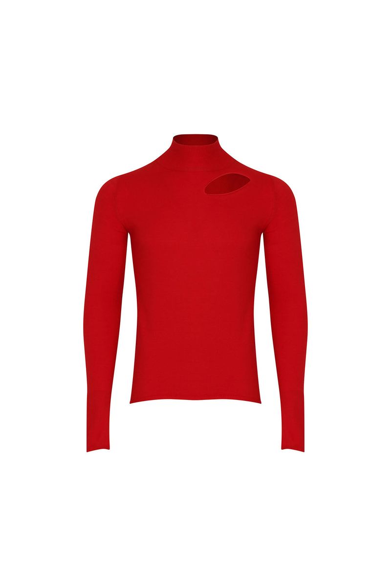 SLIT CUT-OUT HIGHNECK KNIT RED