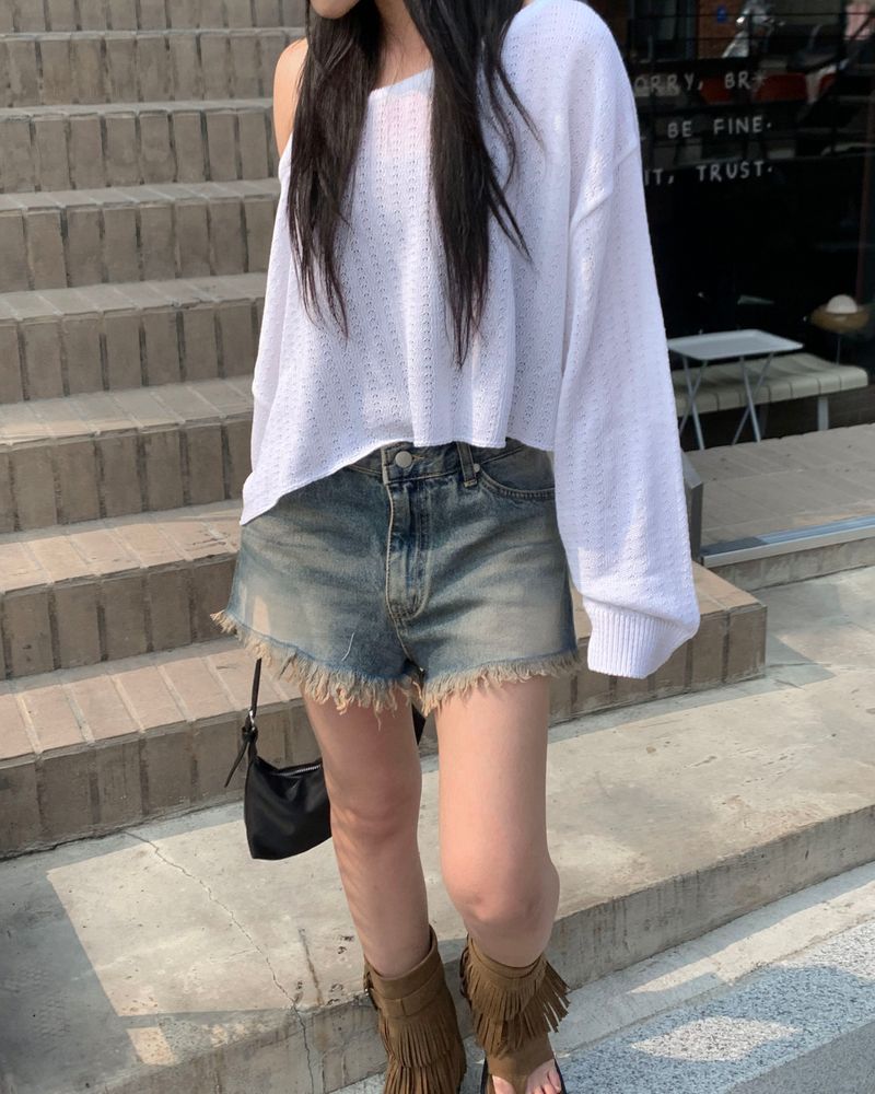Fringe denim shorts