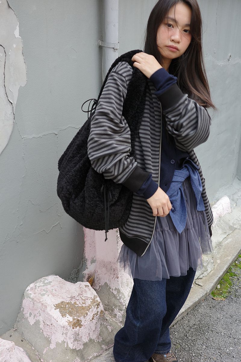 STRIPE HOODED ZIP-UP (BLACK)