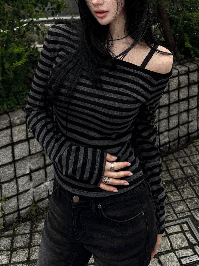 26SS★ [MADE] One-Shoulder Open Stripe Tee
