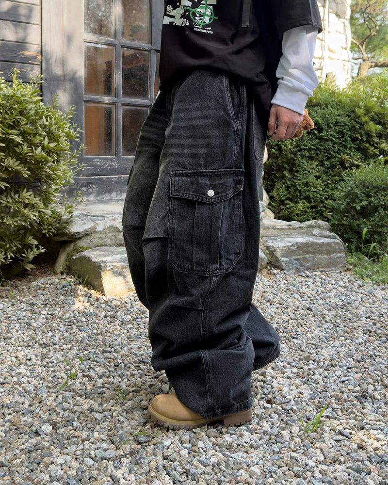 Bern diagonal cargo wide denim pants