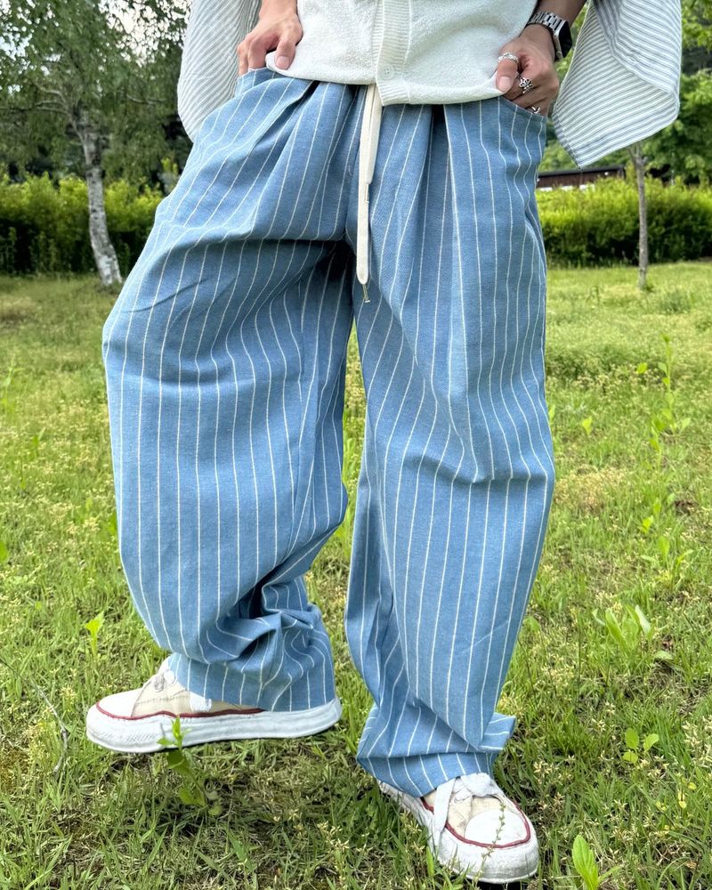 リネンストライプバンドパンツ