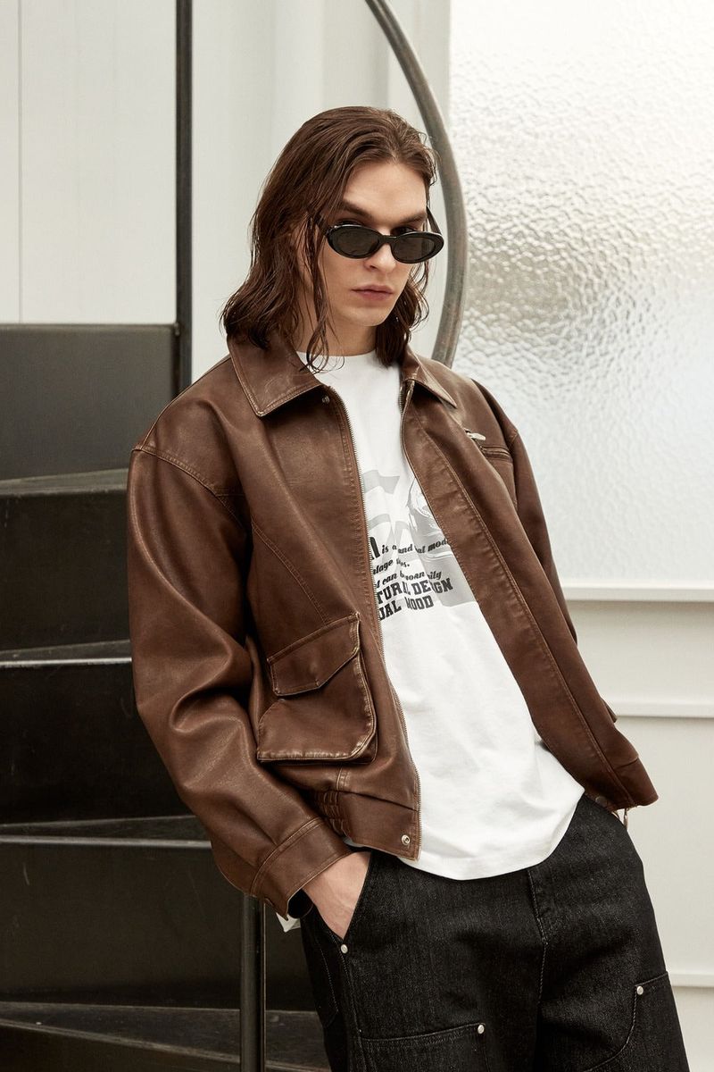 Vegan Leather Pocket blouson - BROWN