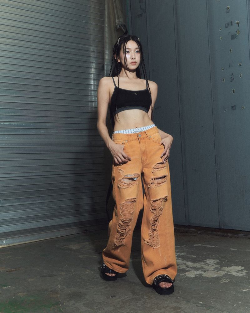damage denim pt - orange