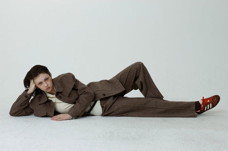 HERRINGBONE WOOL SLACKS PANTS_BROWN