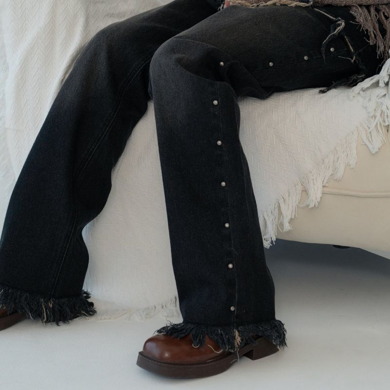 STUD DENIM SKIRT LAYERED PANTS (BLACK)